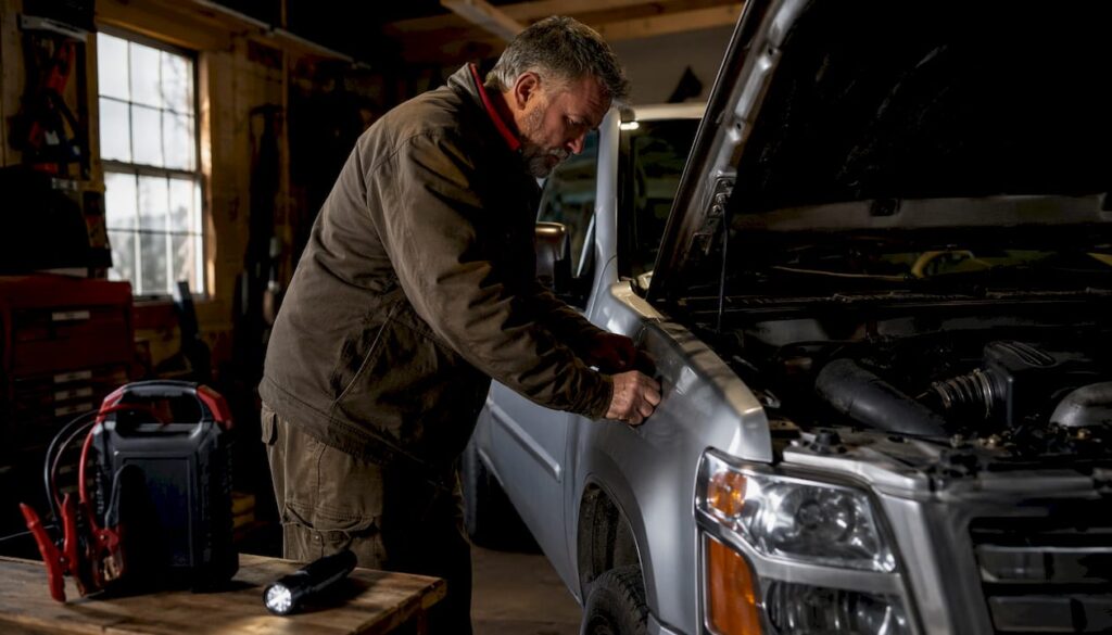 Texas driver checking truck engine outdoors