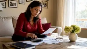 Woman managing car care savings plan paperwork