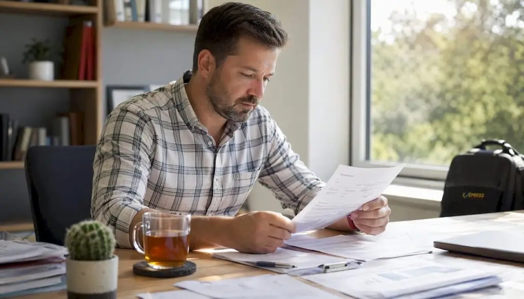 Man reviewing a car repair invoice at home kitchen table