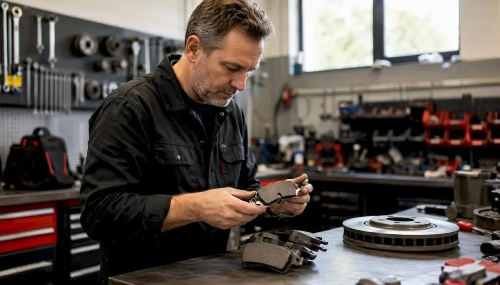 Mechanic inspecting car brake pad