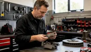 Mechanic inspecting car brake pad