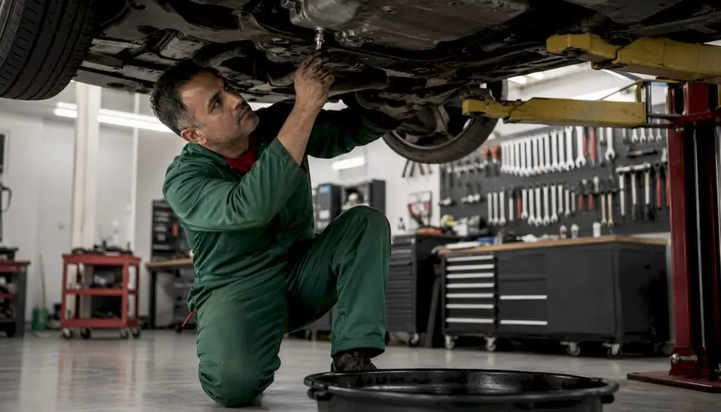 Mechanic changing transmission fluid under car