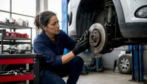 Female technician inspecting car brakes in garage