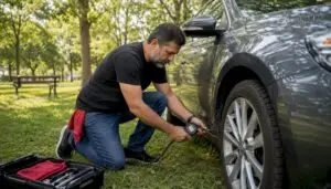 Man checking car tire pressure in driveway