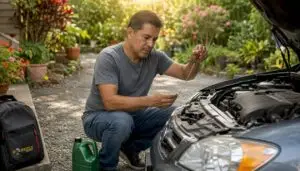Man checking car oil dipstick outdoors