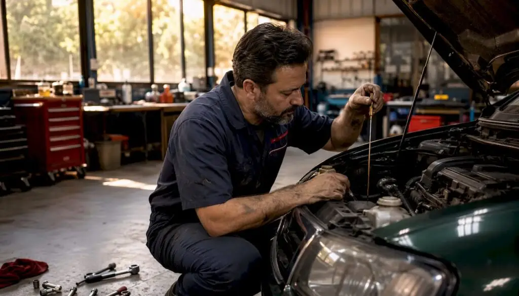Mechanic checking car fluids under hood