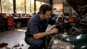 Mechanic checking car fluids under hood