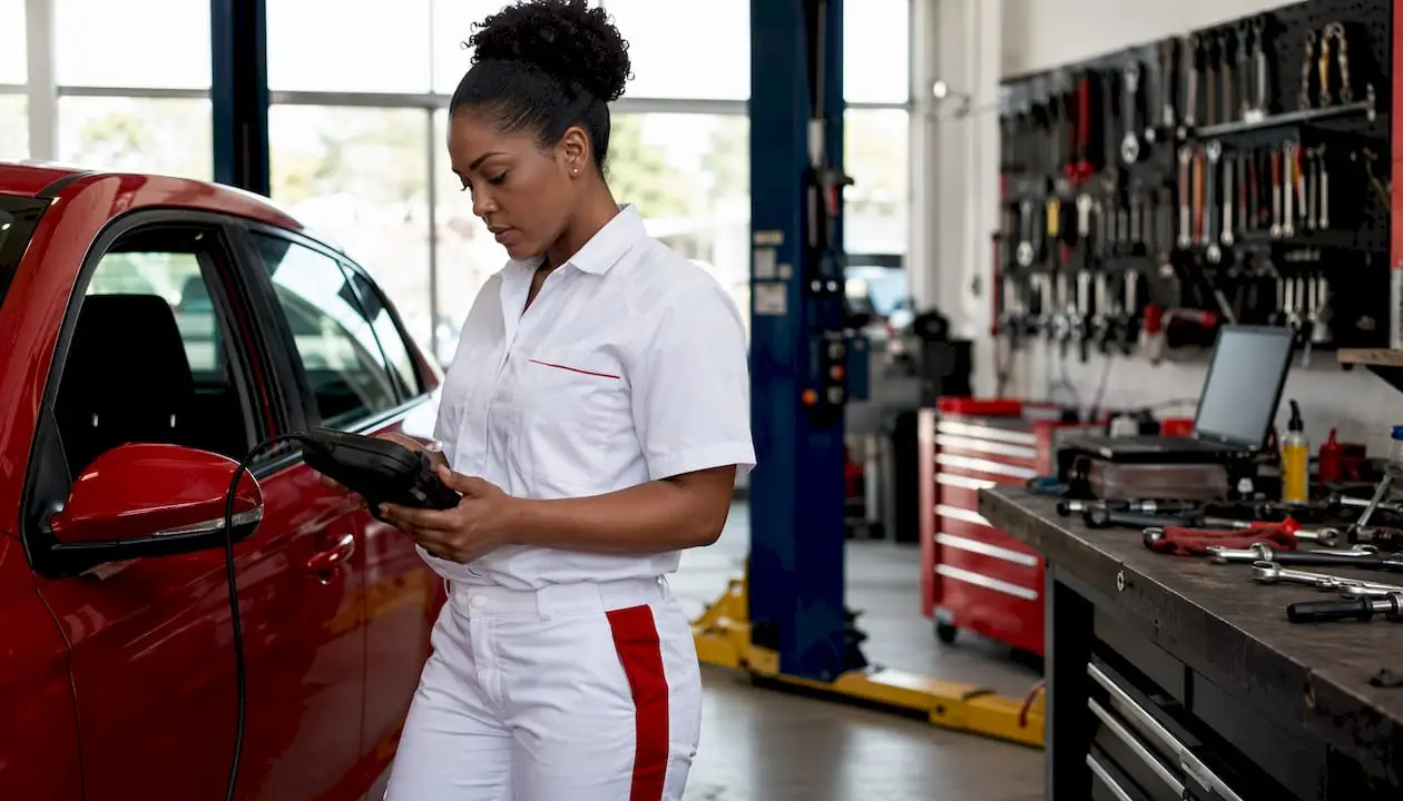 Technician using diagnostic scanner in repair garage