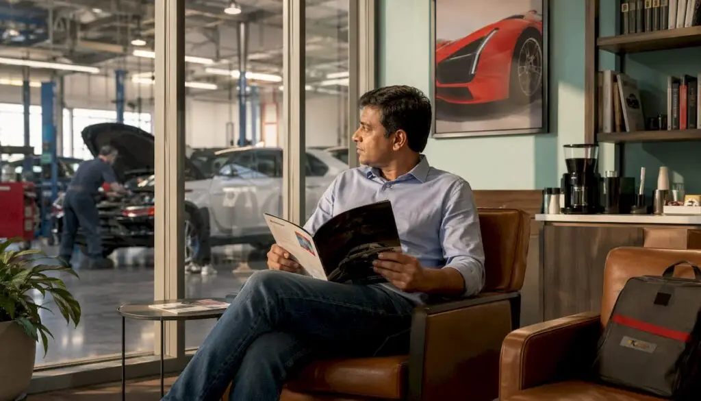 Car owner reviewing maintenance brochure in auto shop waiting area