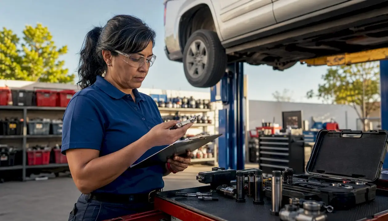 Shop inspector examining equipment in repair bay