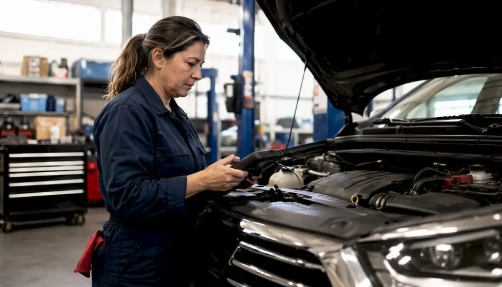 Female mechanic using diagnostic tool on SUV