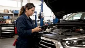 Female mechanic using diagnostic tool on SUV