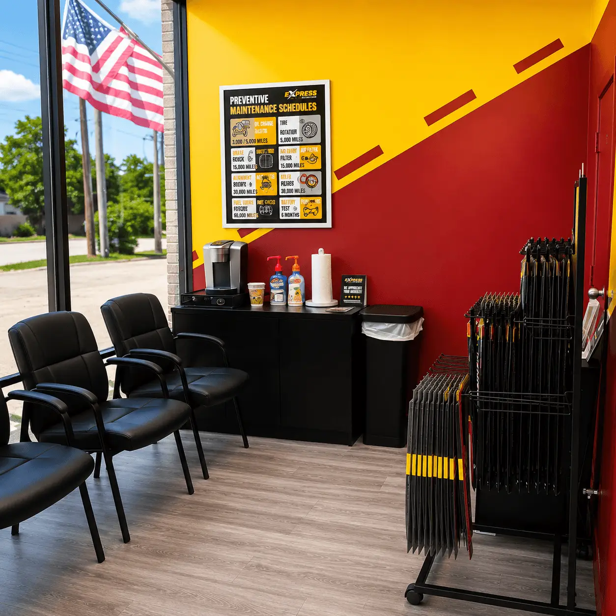 Comfortable customer waiting area at Express Lube & Car Care in Arlington, TX.