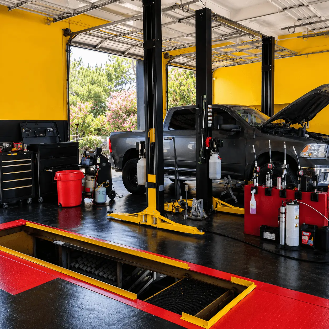 Modern auto repair service bay at Express Lube & Car Care in Arlington, TX servicing cars and trucks.