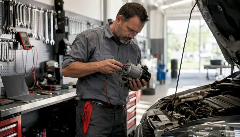Mechanic diagnosing car starter in garage