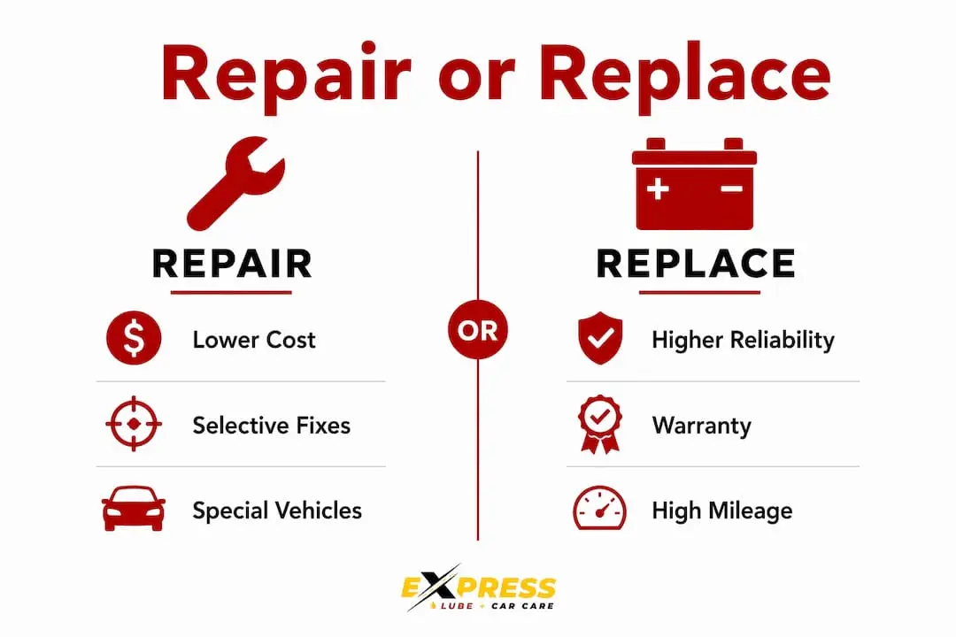 Infographic comparing starter repair and replacement