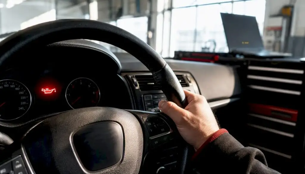 Car dashboard with red low oil pressure warning light