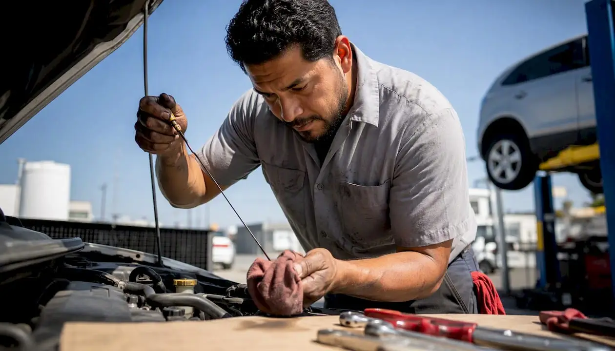 Mechanic checking engine oil in a garage