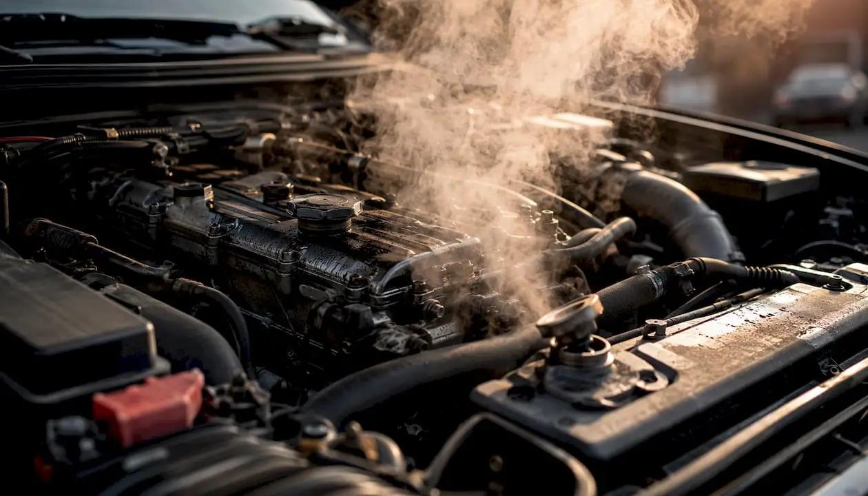 Engine bay with steam indicating overheating