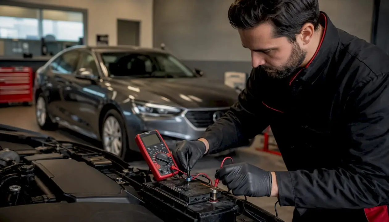 Technician using multimeter to test car battery voltage