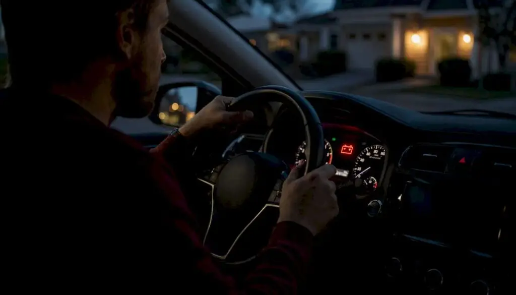 Driver's view showing battery warning light on dashboard