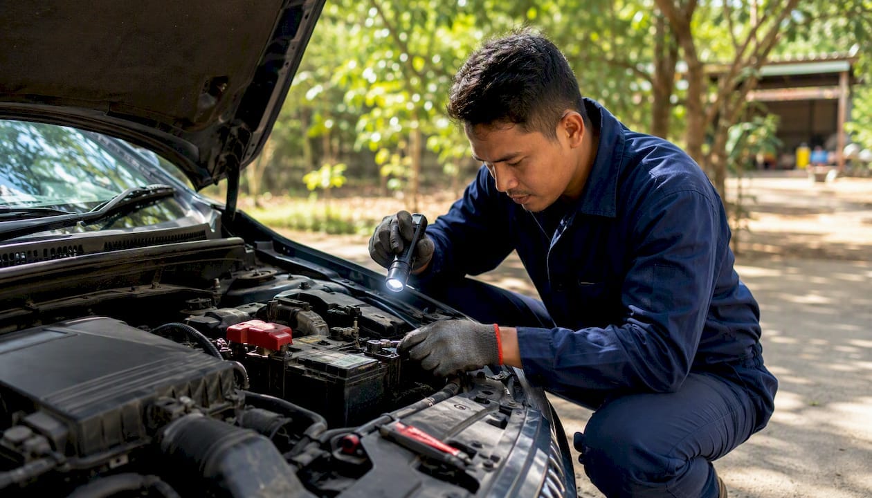 Mechanic inspecting car battery and engine connections