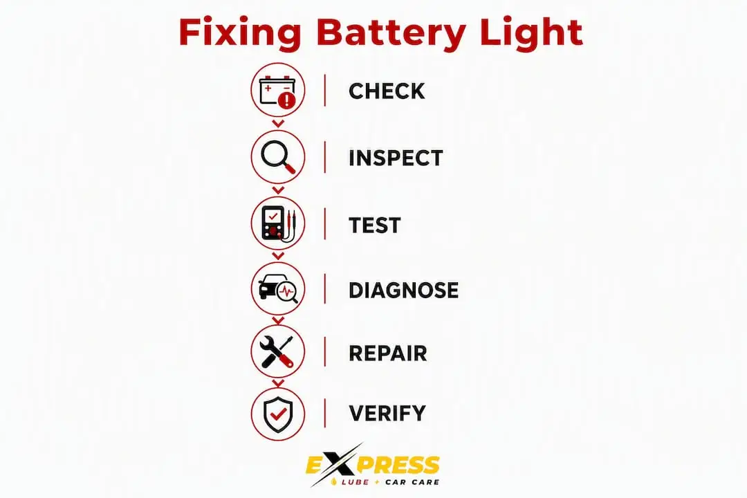 Infographic illustrating steps to fix battery light issue