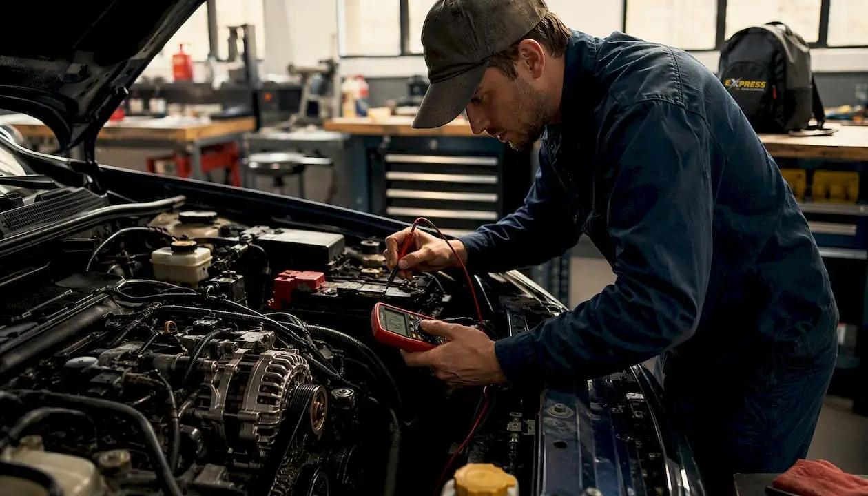 Mechanic checking alternator in car engine bay