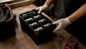 Open car battery showing internal compartments