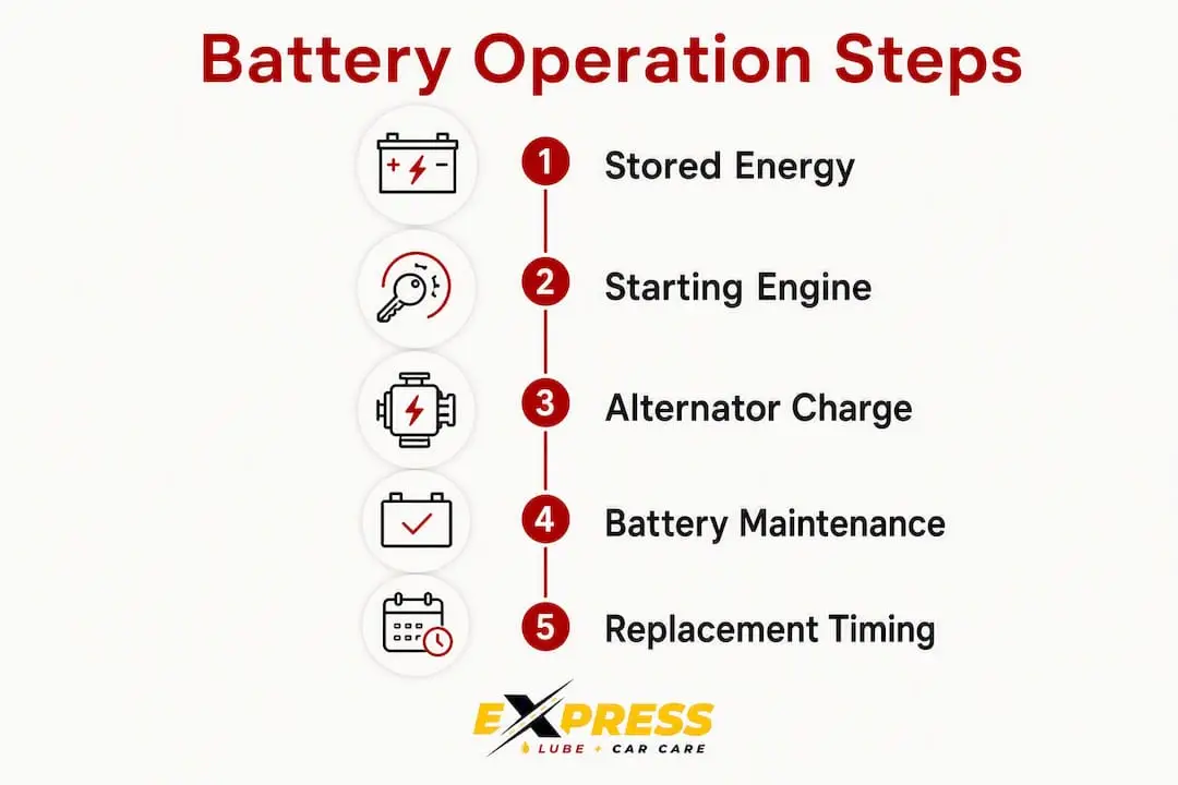 Infographic illustrating car battery operation steps