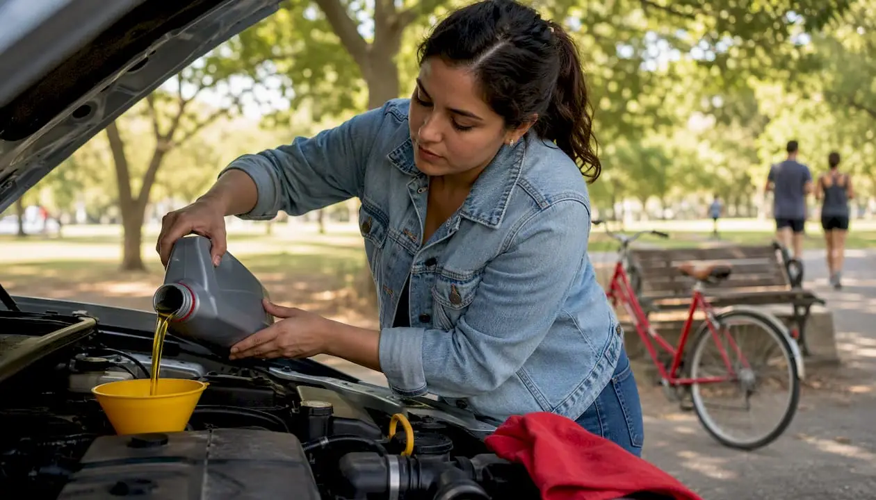 Woman adding synthetic oil during Texas city commute