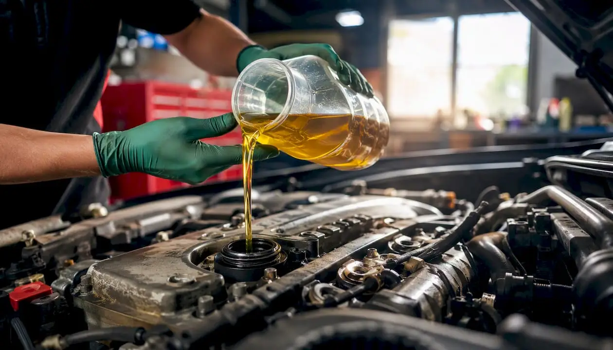 Close-up synthetic oil being poured into hot engine