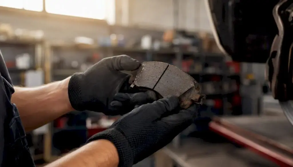 Mechanic inspecting brake pad in workshop