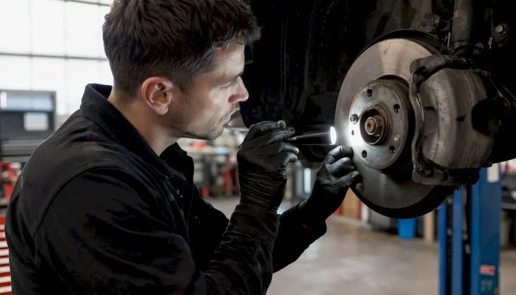 Mechanic inspecting car brake rotor and caliper
