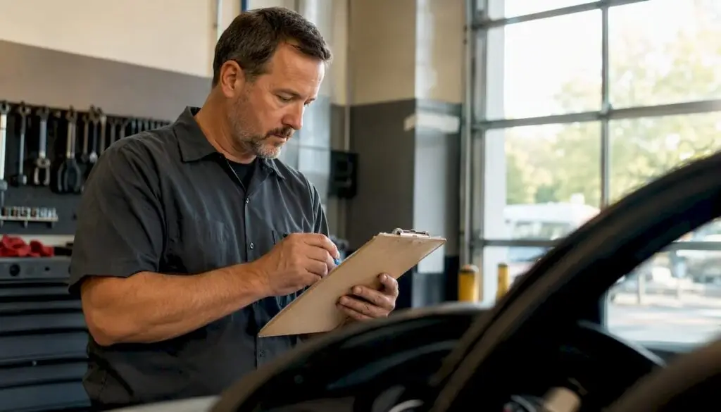 Mechanic confirming odometer reading on repair order