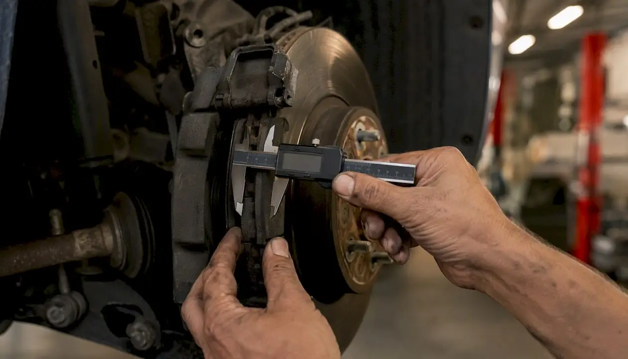 Hands measuring brake pad thickness with caliper