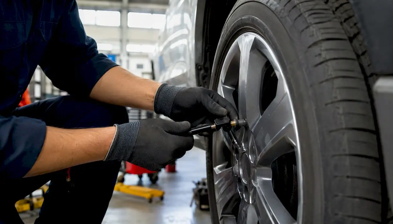 Mechanic hands replacing TPMS sensor on wheel