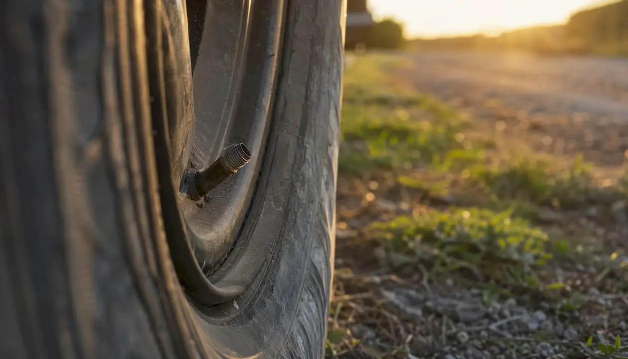 Close-up of damaged tire valve stem roadside