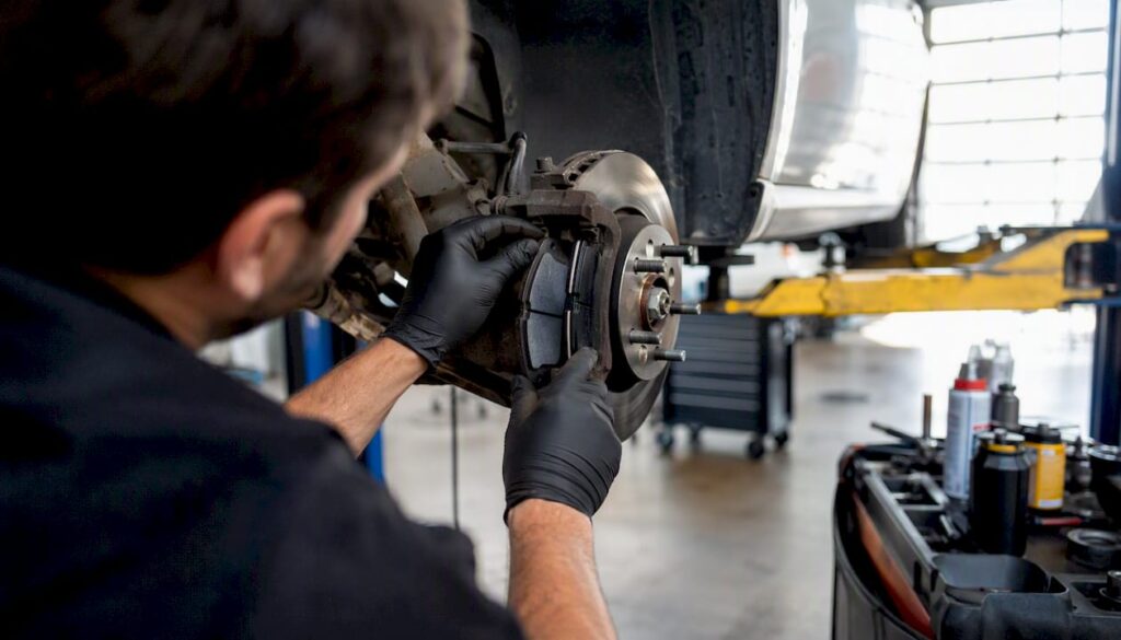 Mechanic hands replacing brake pads