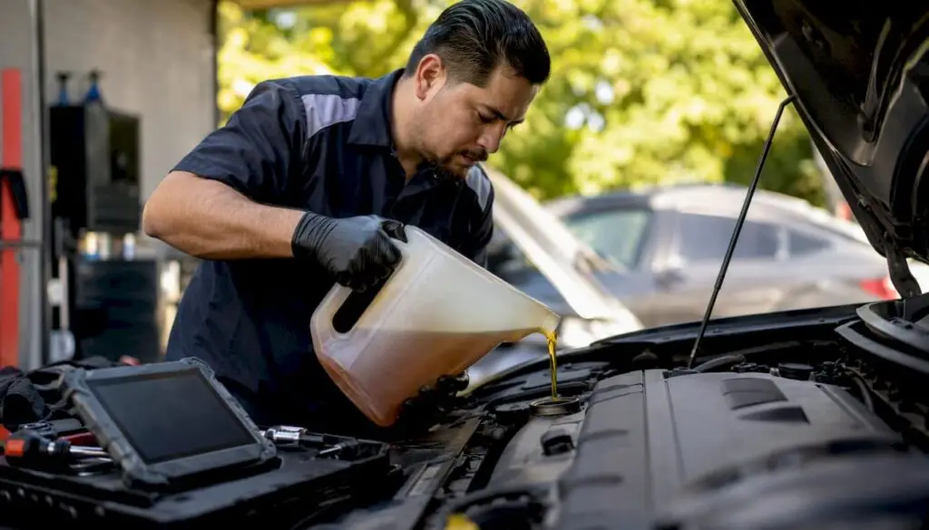 Technician pouring synthetic oil into engine