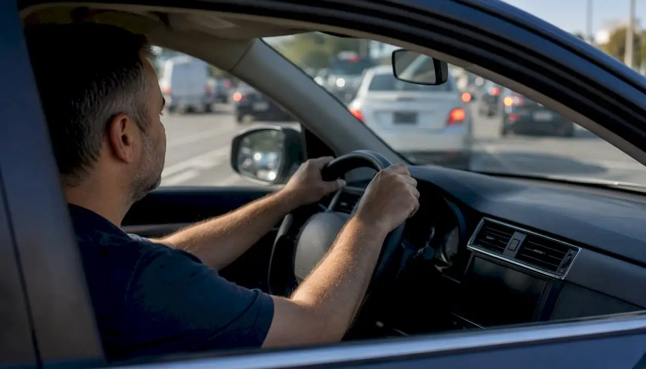 Driver’s hands on steering wheel in traffic