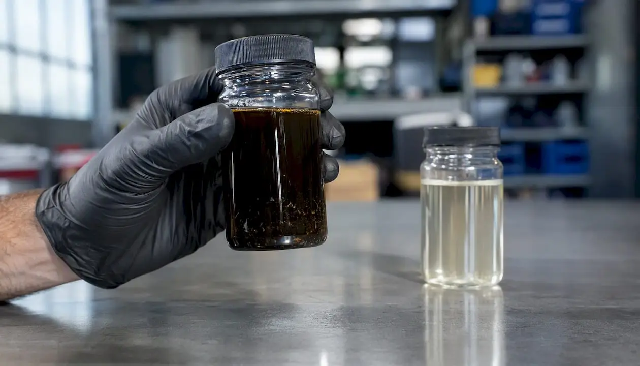 Close-up of dark contaminated brake fluid sample