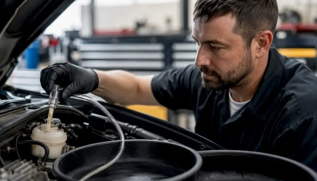 Technician performing brake fluid flush in service bay
