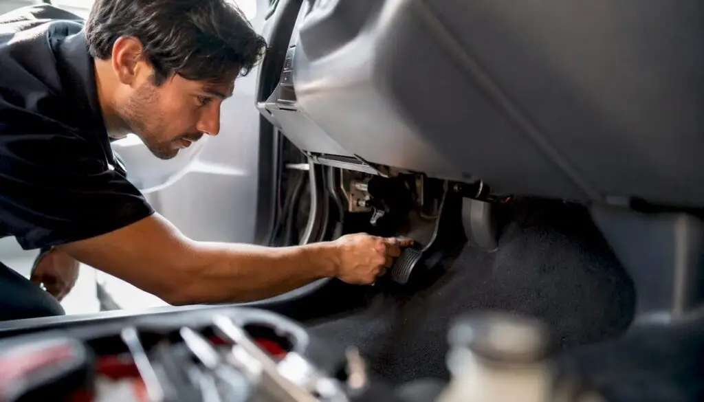 Technician pressing vehicle brake pedal for testing