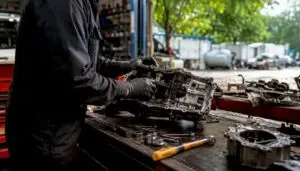 Technician inspecting transmission gears on workbench