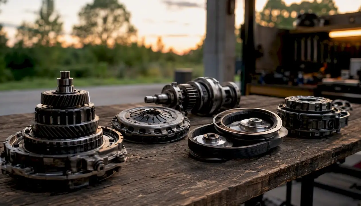 Close-up overhead of different types of transmission parts arranged
