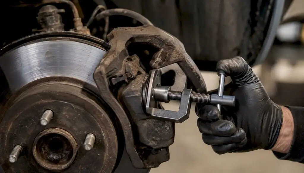 Mechanic inspecting brake caliper and rotor