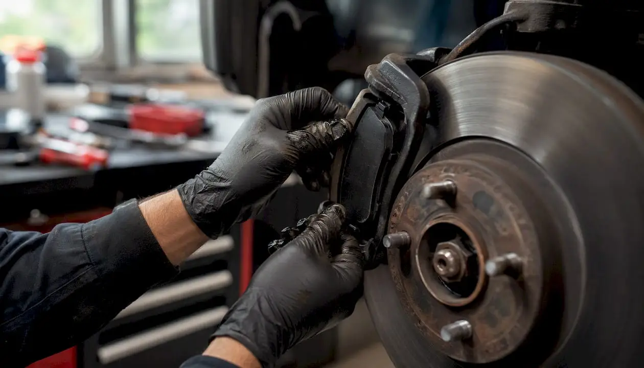Technician hands replacing worn brake pads
