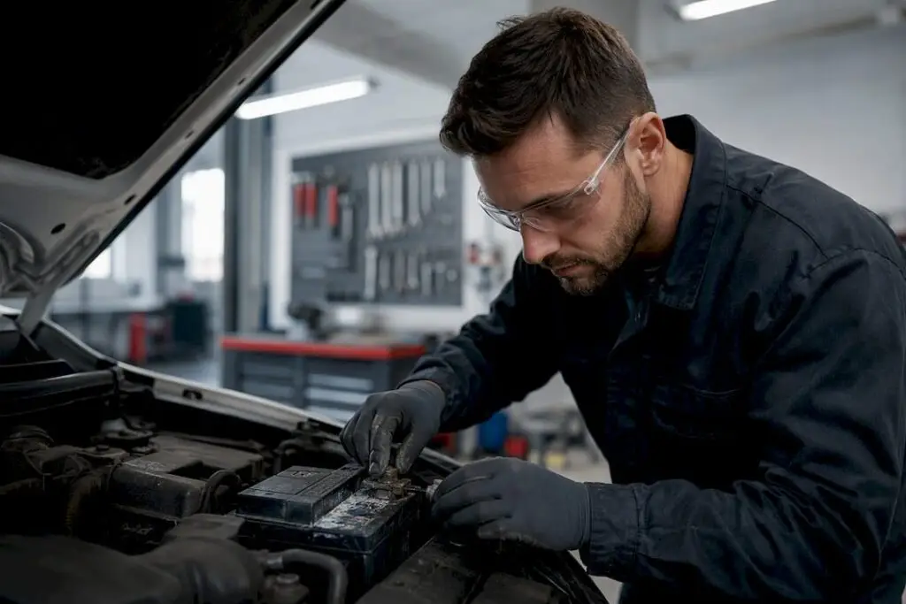 Technician cleaning car battery terminals