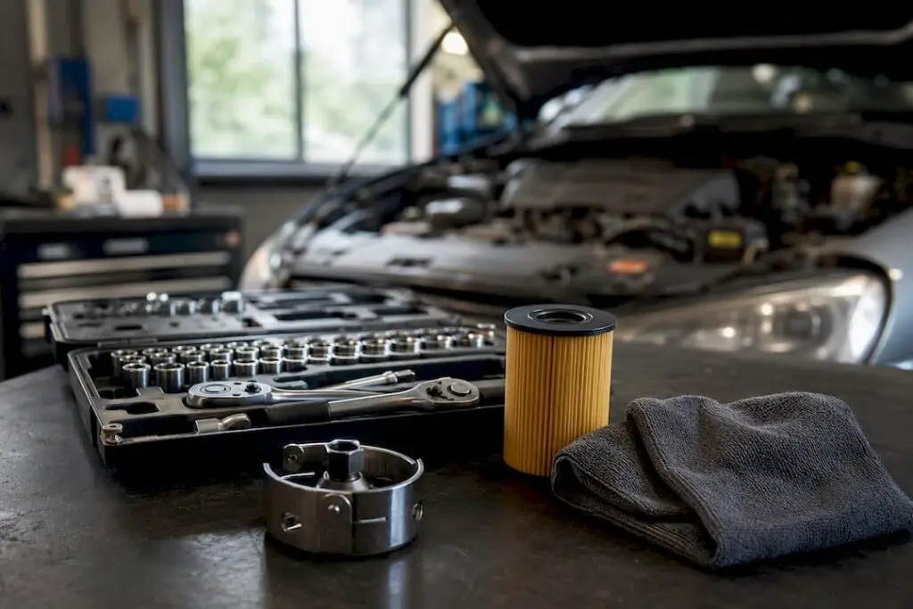 Car maintenance tools and dashboard detail